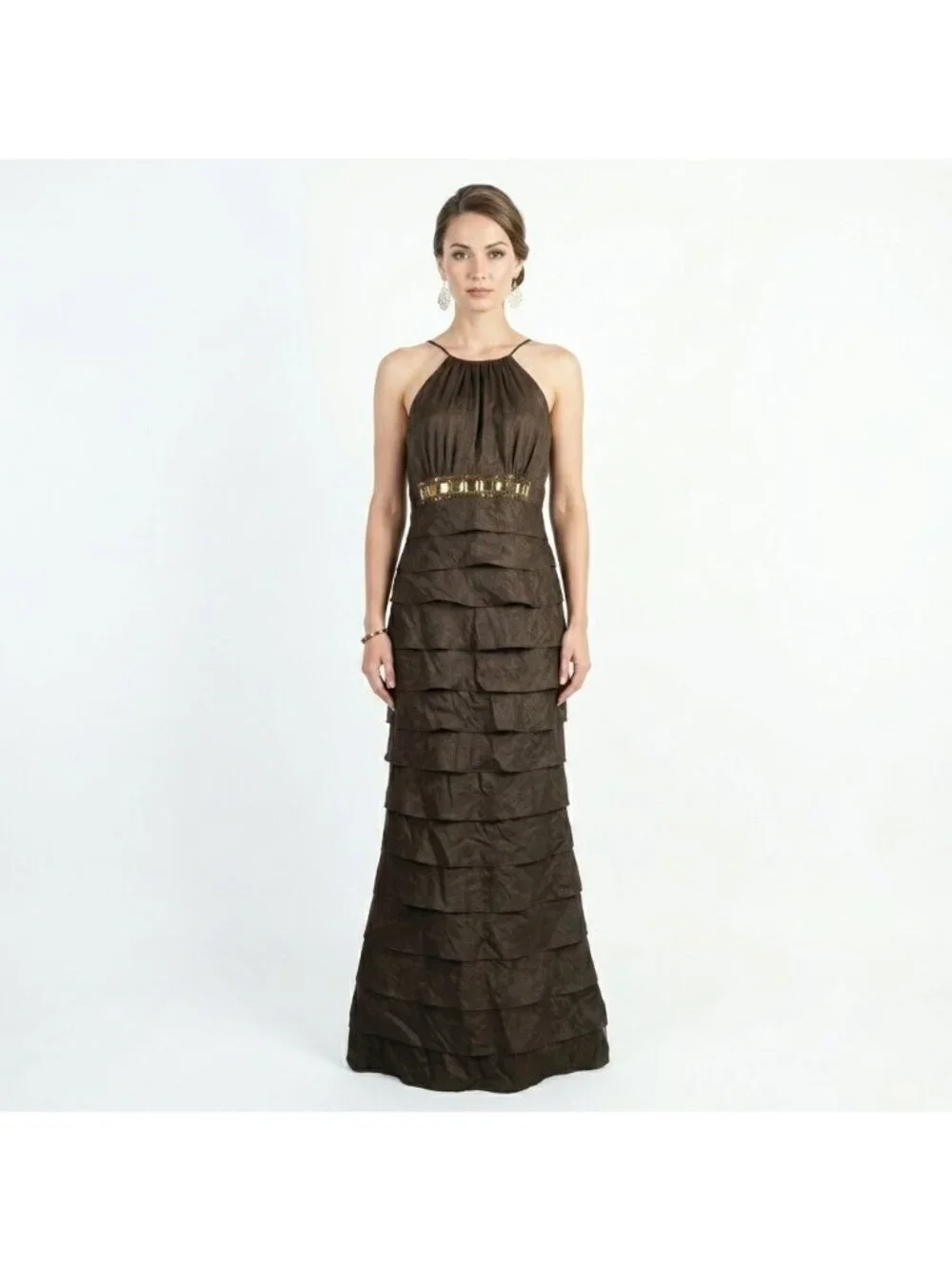 Adrianna Papell Occasion Formal Gown Dress Layered Size 4 Brown Vintage Y2K - Picture 1 of 10